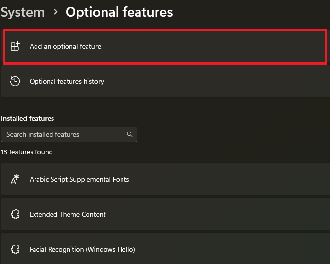 going to "optional features" section in windows