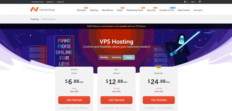 Namecheap VPS hosting page