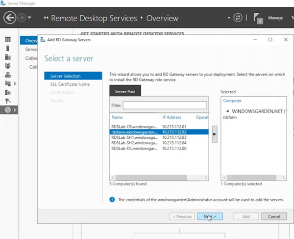 Choose the server functioning as the RD Gateway