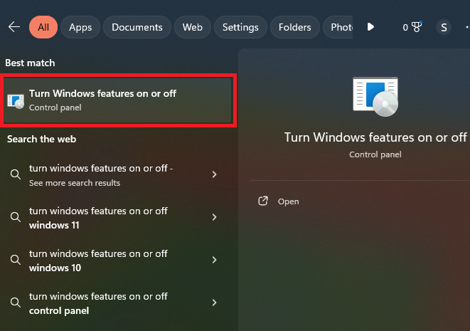 Open the "Turn Windows features on or off" option