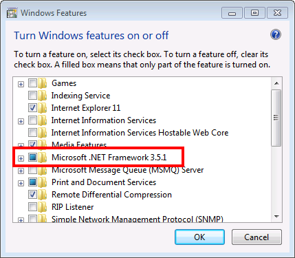 enabling Microsoft .NET Framework 3.5.1 in windows 7