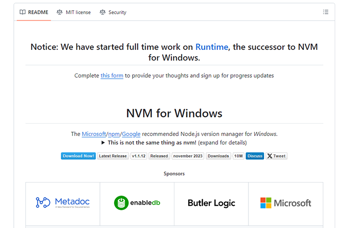 install Node.js on Windows by downloading the latest version of nvm for Windows