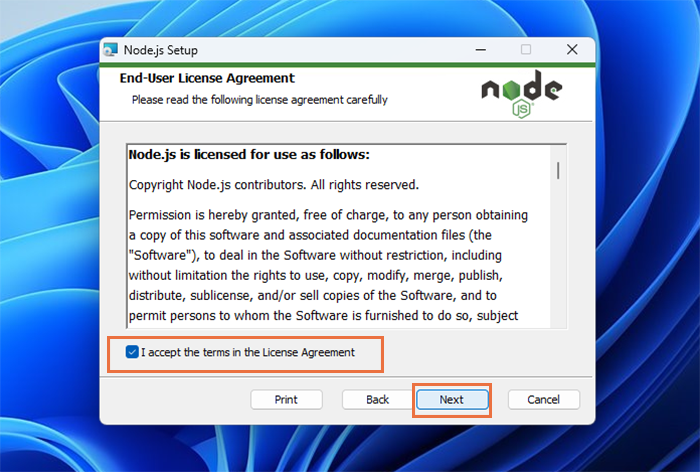 install Node.js on Windows by following prompts of Node.js setup wizard