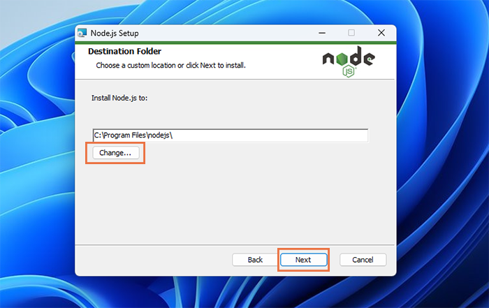 specify destination where you want to install Node.js on Windows