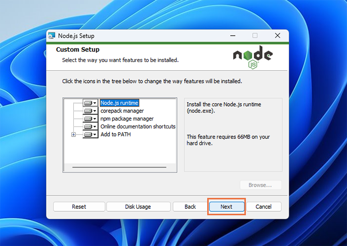 Select default features to include from installation and click Next to complete Node.js installation