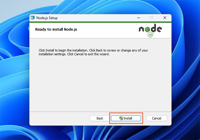 Click "Install" to begin the Node.js installation on Windows