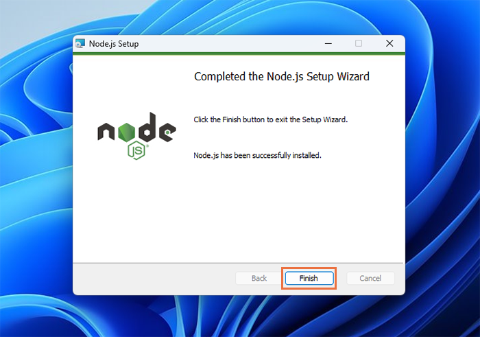 click Finish to complete Node.js installation on Windows