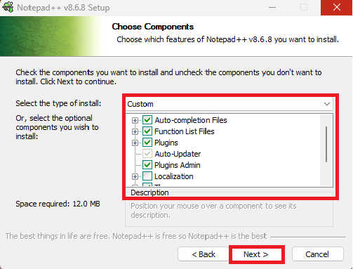 check the components of the Notepad++ installation process