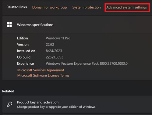 Advanced system settings section in Windows
