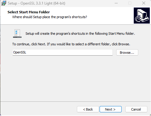 select the Start Menu folder for the OpenSSL installer