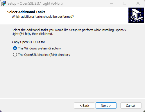 select additional tasks for the OpenSSL installer