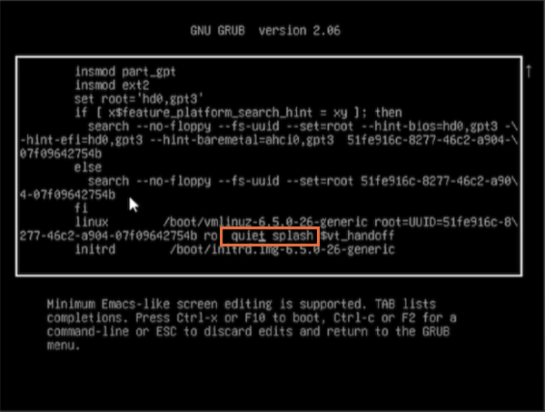 delete quiet splash flag when edit Linux entry in the GRUB menu to fix balck screen in Ubuntu