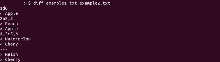 diff command output for two text files
