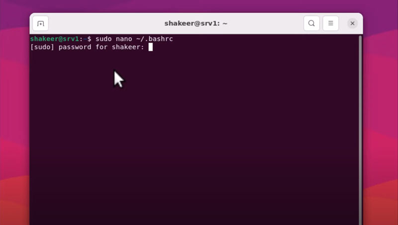 open the bashrc file in the ubuntu vps terminal