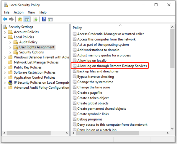Click on Allow log on through Remote Desktop Services to open the policy