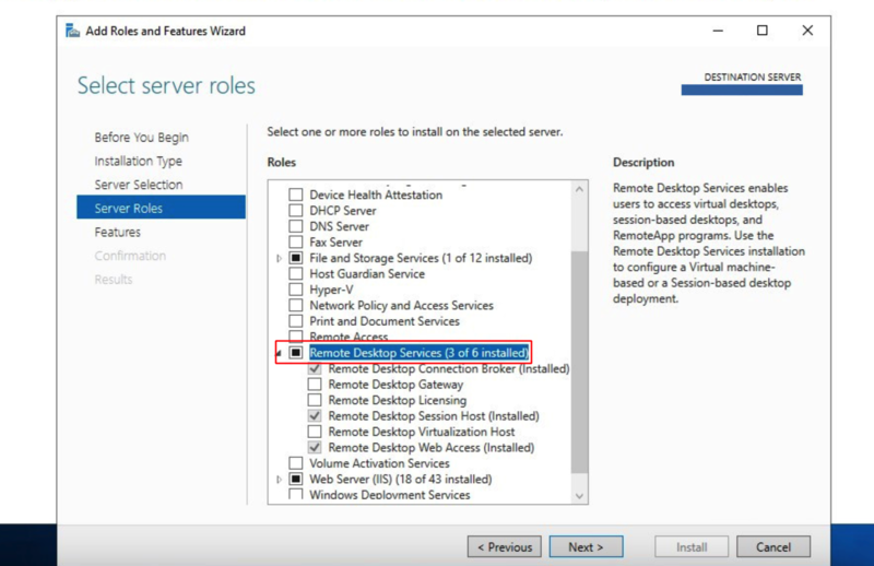 select Remote Desktop Services to enable RDS